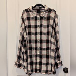 Talbots Woman 3X Plus Size Black Red Plaid Snowflake Button Down Shirt Holiday